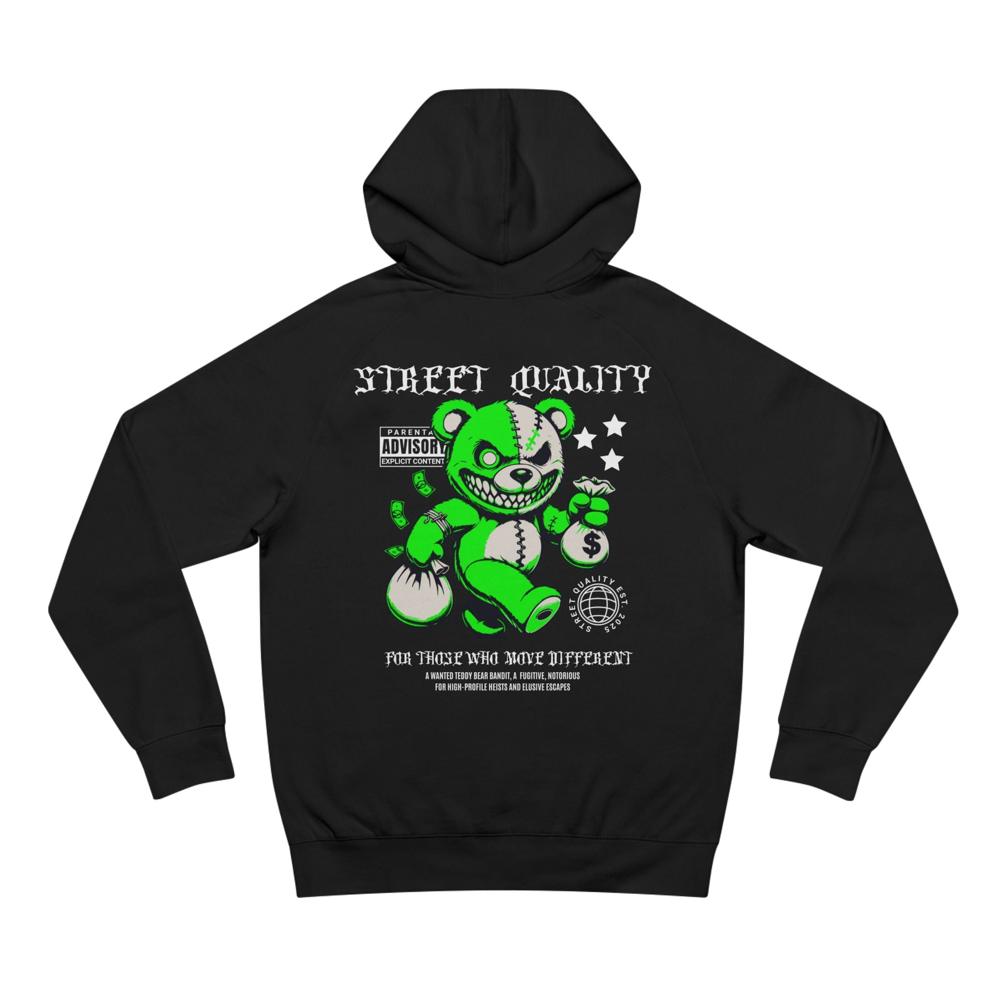Street Quality Hoodie — Neon Green Grinning Bear Graphic